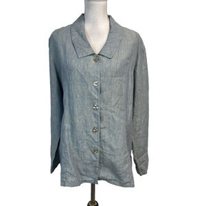 TSD Two Star Dog Blue Green Linen Lagenlook Boho Jacket Blouse Size XL Casual